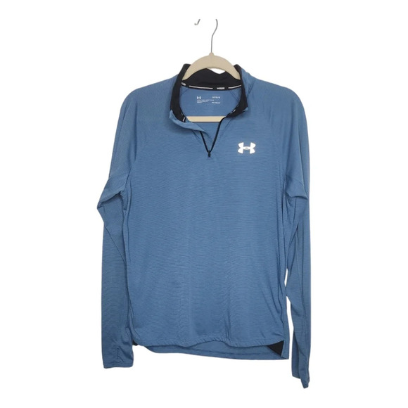 Under Amour Pullover Mens Blue-Stripe Fitted Heatgear 1/4 Zip Reflect Run Size L - Picture 1 of 6